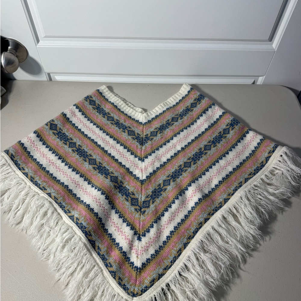 Vintage Kids Boho Fringed‎ Knit Poncho with Multicolor Pattern